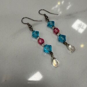 Dangle Drop‎ Earrings Blue Pink Crystal Beads Silver Tone Hook Women Jewelry